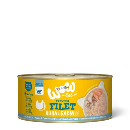 WOW CAT konzerva pre mačky kuracie file s krevetami