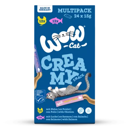 WOW CAT maškrty pre mačky multipack kuracie a losos krémové pochúťky
