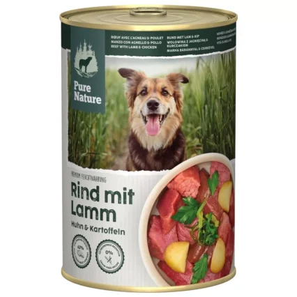 PURE NATURE Konzervy pre dospeláka hovädzie s jahňacím a kuracím mäsom