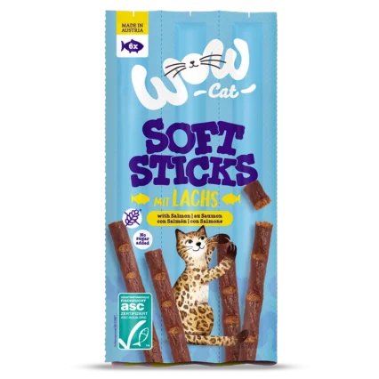 WOW CAT maškrty pre mačky mäkké tyčinky s lososom odmena